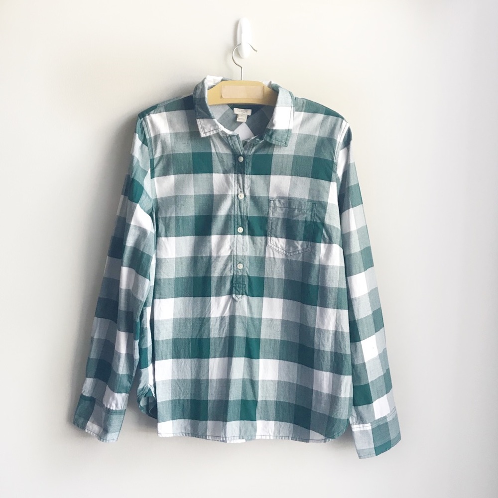 J. Crew Factory Green Plaid Popover Button Down